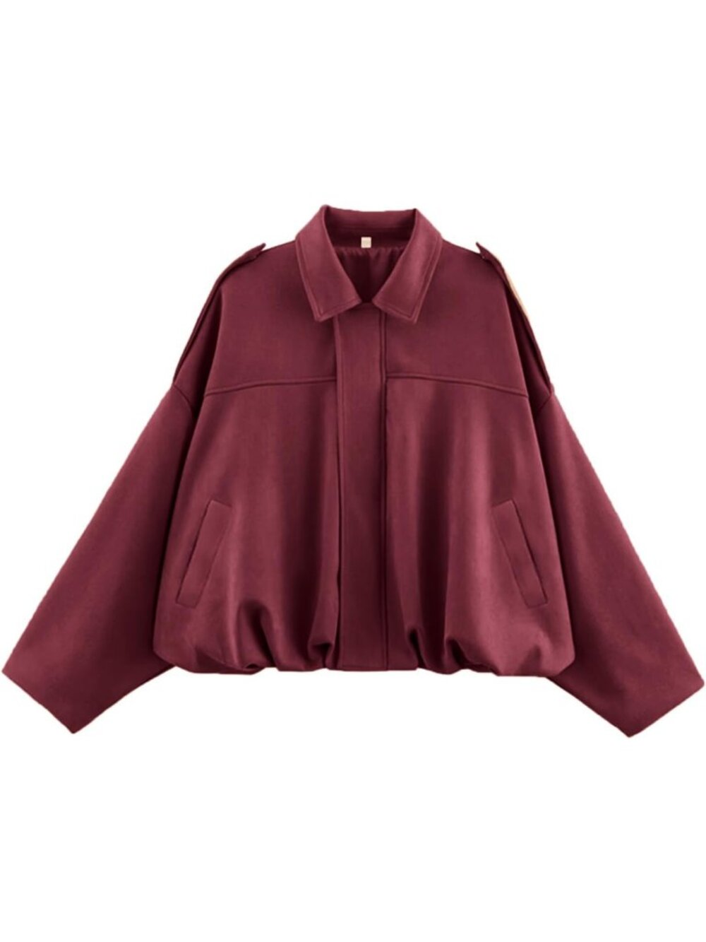 Women's Maroon Faux Suede Oversized Collar Cropped Batwing Sleeves Bomber Jacket